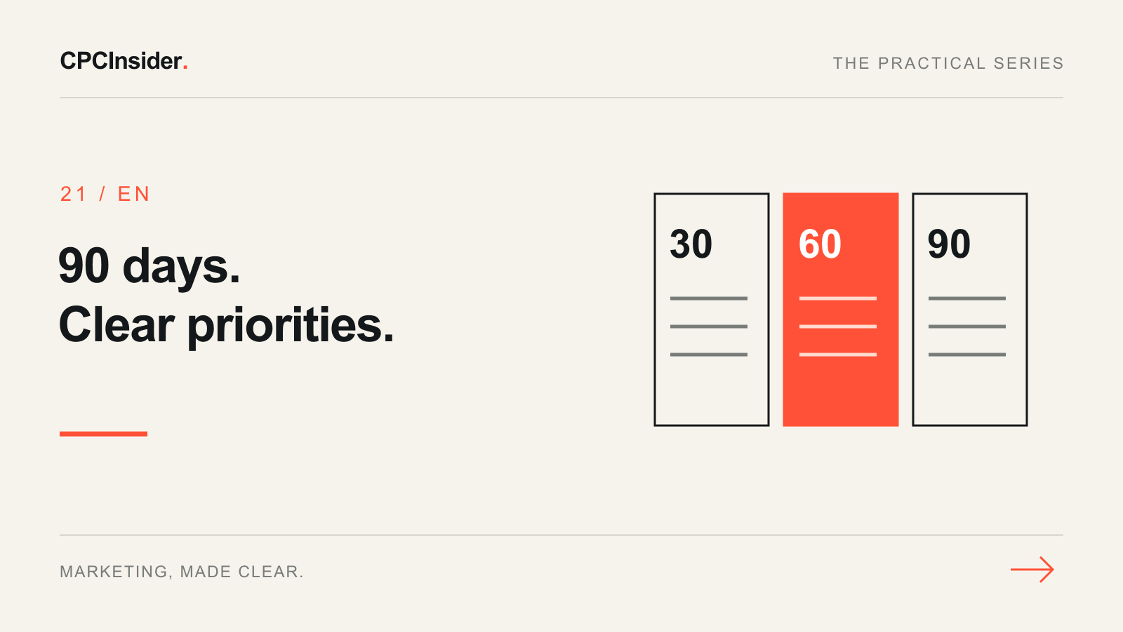 Editorial illustration: 90 days. Clear priorities.