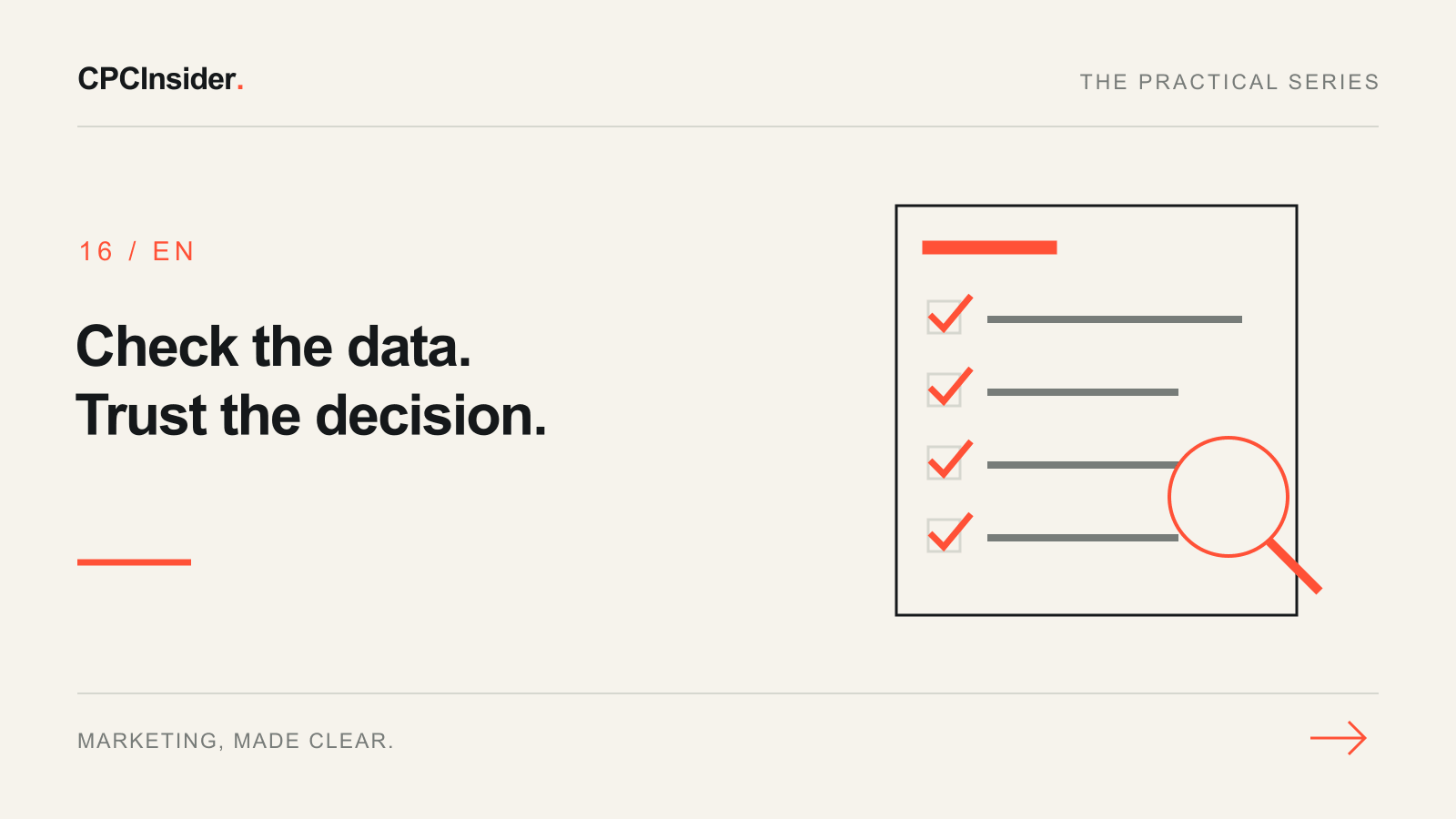 Editorial illustration: Check the data. Trust the decision.